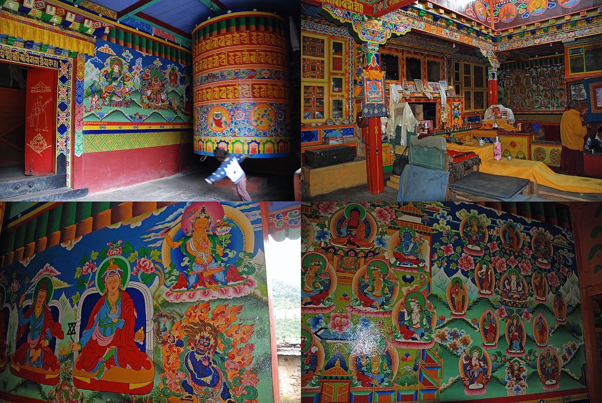 Rolwaling 02 11 Simigaon Gompa Prayer Wheel, Altar, and Paintings